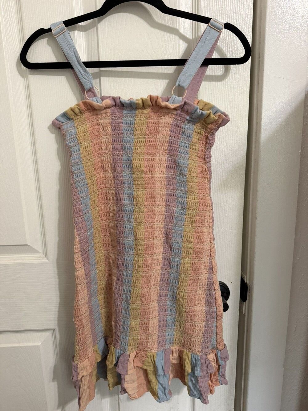 American Eagle Ruffle Pastel Rainbow Striped Smocked Mini Dress Size Small